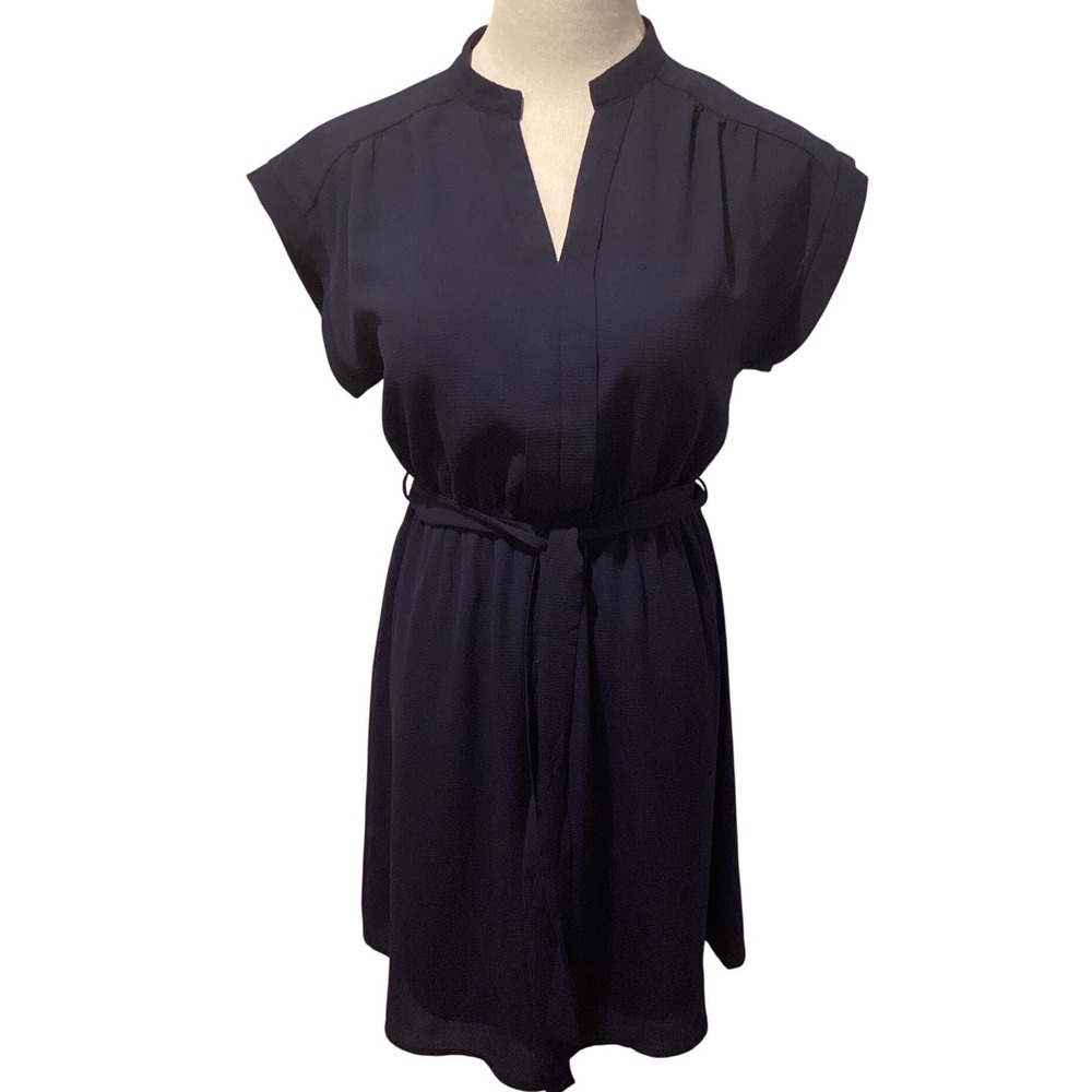 Navy Blue Split Neck Tie‎ Waist Cap Sleeve Shift Dress Dark Blue Professional